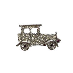 Vintage 1980's 1-1/2" Silver Tone Rhinestone Encrusted Vintage Car Brooch